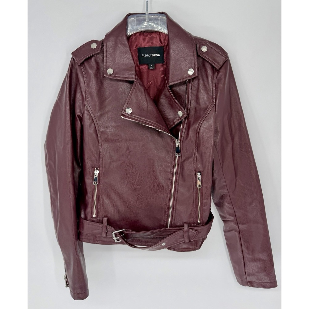 Fashion Nova Burgundy Biker Jacket M Zip Closure Collared Zipper Buckle Short